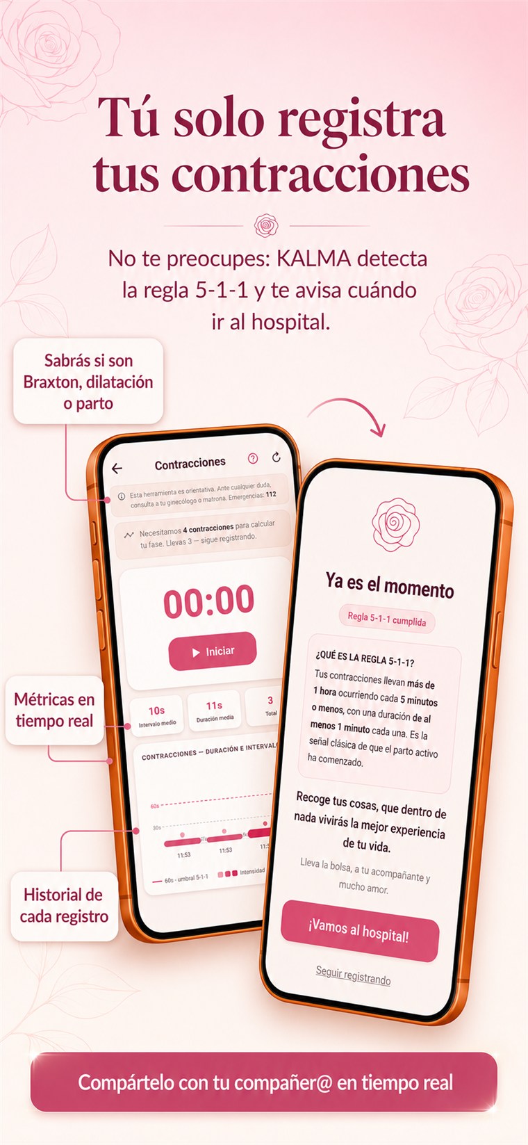 Pantalla de contracciones de Kalma con cronómetro y aviso 5-1-1.